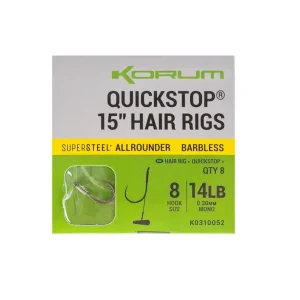 KORUM 15" Big Fish Hair Rigs W/Quickstops Size 8 Barbed