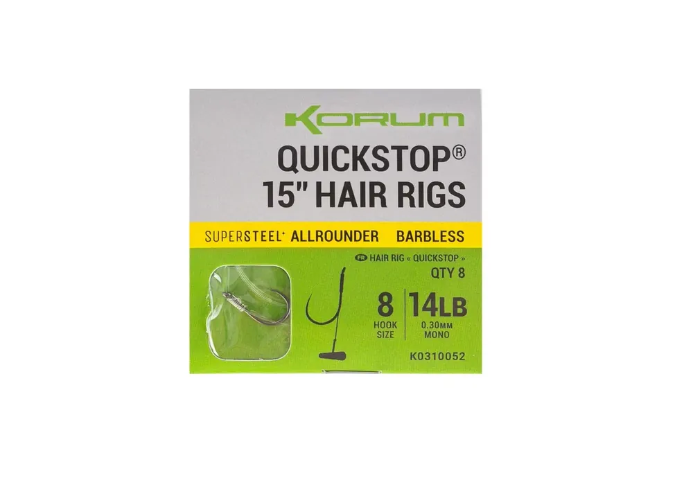 KORUM 15" Big Fish Hair Rigs W/Quickstops Size 8 Barbed