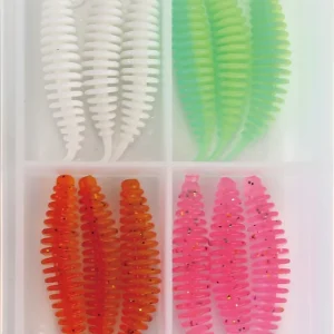 8 Stück geflavourte Gummiköder Set 6,5cm in Box Power Gummi Forellenköder Bait