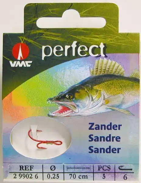 Zanderhaken Zwillingshaken VMC Perfect Zander Ryderhaken rot 70cm Vorfach Mono