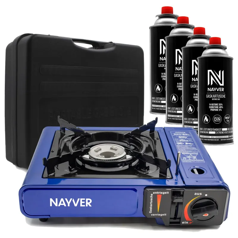 NAYVER Gaskocher Camping Kocher + 4 Gaskartuschen (Propan-Butan) und Transportkoffer