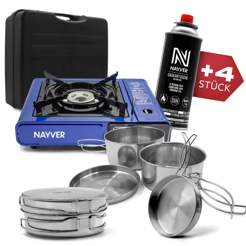 NAYVER Gaskocher Camping Kocher + 4 Gaskartuschen (Propan-Butan) & Kochset