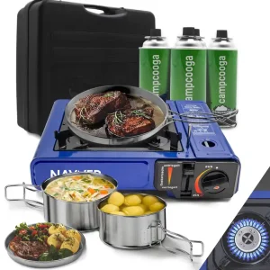 NAYVER Gaskocher Camping Kocher + 4 Gaskartuschen & Kochset