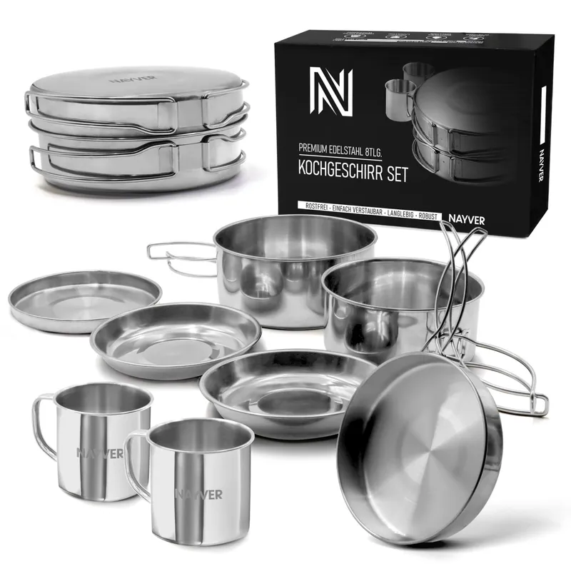 NAYVER Kochset (Töpfe, Pfannen & Tassen) - Outdoor-Kochgeschirr Inhalt: 8-teilig
