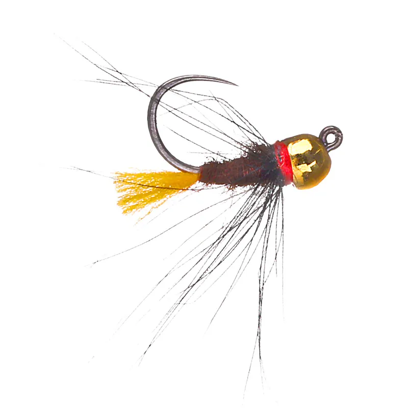 Superflies Tungsten Nymphe Black CDC Orange Tail Jig #14 Gold Beat-
